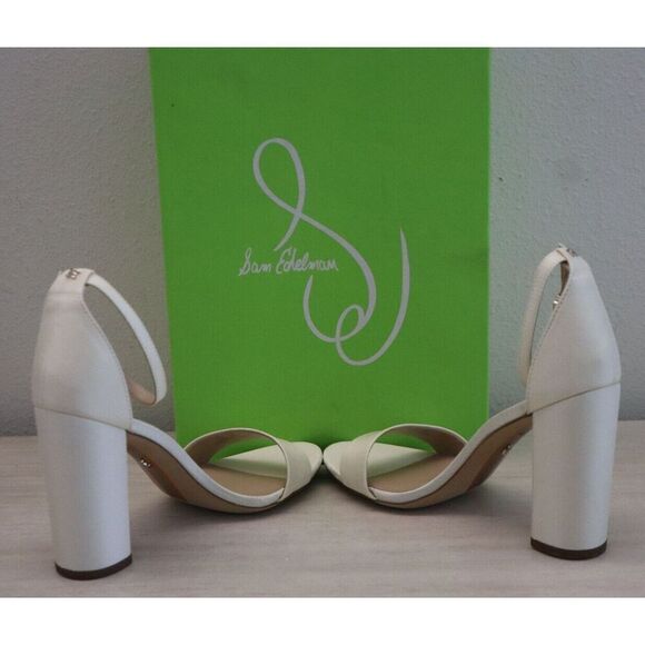 Sam Edelman Women Sz 7.5 Pearl/Ivory Satin Yaro Ankle Strap Block Heel Sandals - Picture 9 of 15